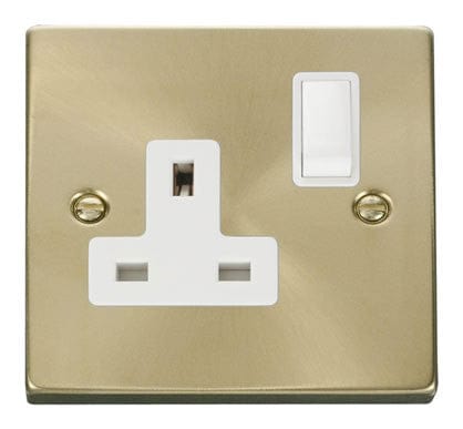 Satin Brass 1 Gang 13A DP Switched Plug Socket - White Trim - SE Home