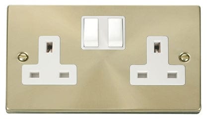 Satin Brass 2 Gang 13A Twin Double Switched Plug Socket - White Trim - SE Home