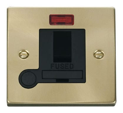 Satin Brass - Black Inserts Satin Brass 13A Fused Connection Unit Switched With Neon With Flex - Black Trim