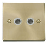 Satin Brass - White Inserts Satin Brass 2 Gang Twin Coaxial TV Socket - White Trim