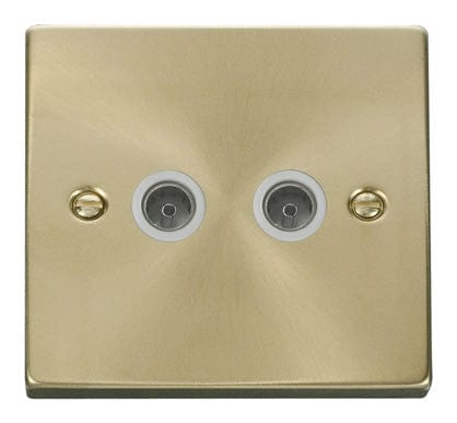 Satin Brass 2 Gang Twin Coaxial TV Socket - White Trim - SE Home