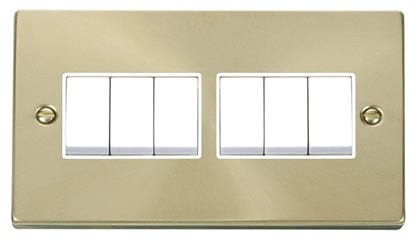 Satin Brass 10A 6 Gang 2 Way Light Switch - White Trim - SE Home