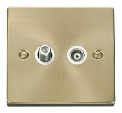 Satin Brass - White Inserts Satin Brass Satellite And Isolated Coaxial 1 Gang Socket - White Trim