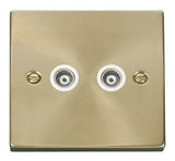 Satin Brass Twin Isolated Coaxial Socket - White Trim - SE Home
