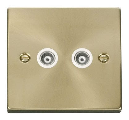 Satin Brass Twin Isolated Coaxial Socket - White Trim - SE Home
