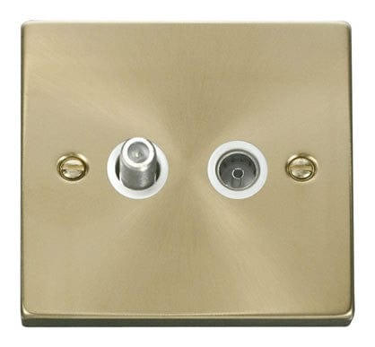 Satin Brass - White Inserts Satin Brass Satellite & Coaxial Socket 1 Gang - White Trim