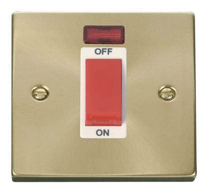 Satin Brass - White Inserts Satin Brass 1 Gang Size 45A Switch With Neon - White Trim