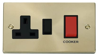 Satin Brass - Black Inserts Satin Brass Cooker Control 45A With 13A Switched Plug Socket - Black Trim