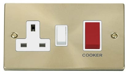 Satin Brass - White Inserts Satin Brass Cooker Control 45A With 13A Switched Plug Socket - White Trim