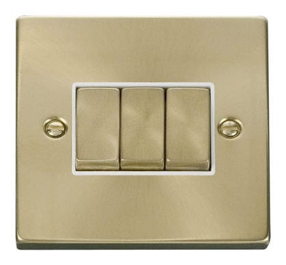 Satin Brass 10A 3 Gang 2 Way Ingot Light Switch - White Trim - SE Home