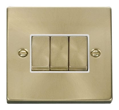 Satin Brass - White Inserts Satin Brass 10A 3 Gang 2 Way Ingot Light Switch - White Trim