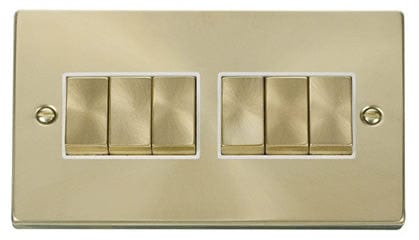 Satin Brass - White Inserts Satin Brass 10A 6 Gang 2 Way Ingot Light Switch - White Trim