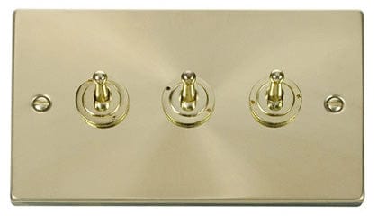 Satin Brass - White Inserts Satin Brass 3 Gang 2 Way 10AX Toggle Light Switch