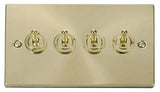 Satin Brass - White Inserts Satin Brass 4 Gang 2 Way 10AX Toggle Light Switch