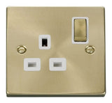 Satin Brass - White Inserts Satin Brass 1 Gang 13A DP Ingot Switched Plug Socket - White Trim