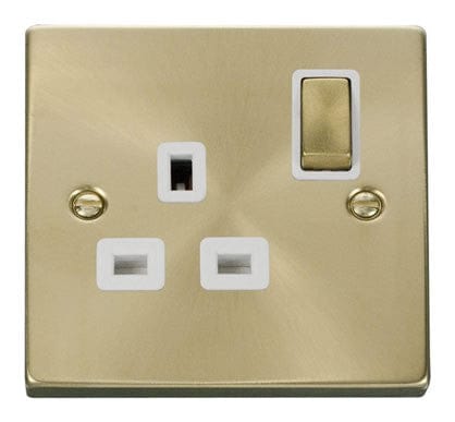 Satin Brass 1 Gang 13A DP Ingot Switched Plug Socket - White Trim - SE Home
