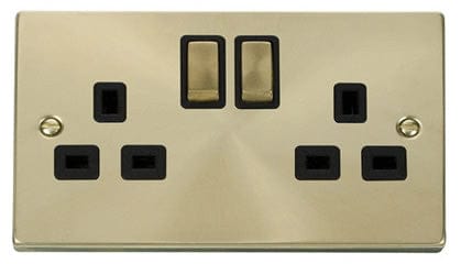 Satin Brass 2 Gang 13A DP Ingot Twin Double Switched Plug Socket - Black Trim - SE Home