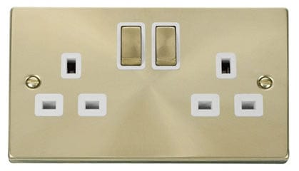 Satin Brass 2 Gang 13A DP Ingot Twin Double Switched Plug Socket - White Trim - SE Home