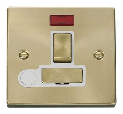 Satin Brass - White Inserts Satin Brass 13A Fused Ingot Connection Unit Switched With Neon With Flex - White Trim