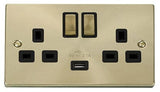 Satin Brass - Black Inserts Satin Brass 2 Gang 13A DP Ingot 1 USB Twin Double Switched Plug Socket - Black Trim