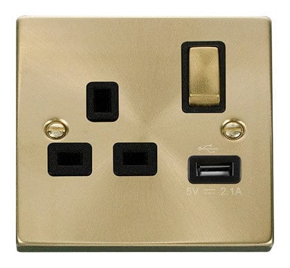 Satin Brass - Black Inserts Satin Brass 1 Gang 13A DP Ingot 1 USB Switched Plug Socket - Black Trim