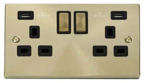 Satin Brass - Black Inserts Satin Brass 2 Gang 13A DP Ingot 2 USB Twin Double Switched Plug Socket - Black Trim