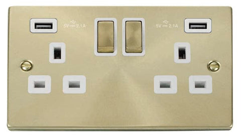 Satin Brass - White Inserts Satin Brass 2 Gang 13A DP Ingot 2 USB Twin Double Switched Plug Socket - White Trim