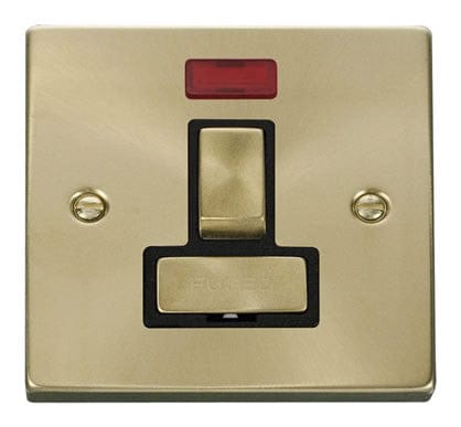 Satin Brass - Black Inserts Satin Brass 13A Fused Ingot Connection Unit Switched With Neon - Black Trim