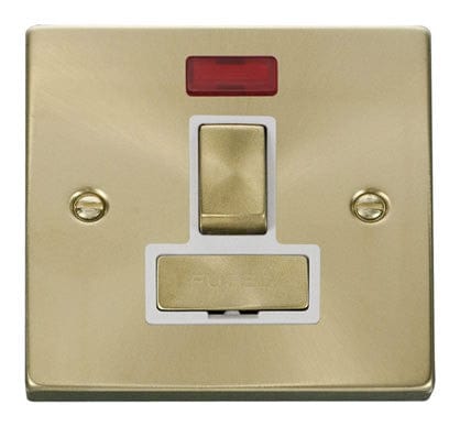 Satin Brass - White Inserts Satin Brass 13A Fused Ingot Connection Unit Switched With Neon - White Trim