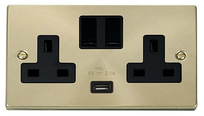 Satin Brass - Black Inserts Satin Brass 2 Gang 13A 1 USB Twin Double Switched Plug Socket - Black Trim