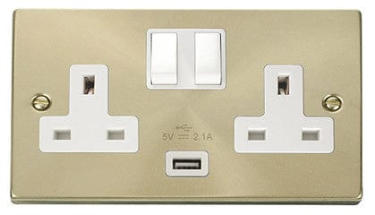 Satin Brass 2 Gang 13A 1 USB Twin Double Switched Plug Socket - White Trim - SE Home