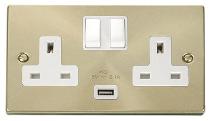 Satin Brass - White Inserts Satin Brass 2 Gang 13A 1 USB Twin Double Switched Plug Socket - White Trim