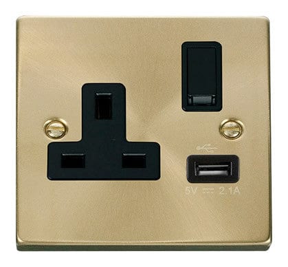 Satin Brass - Black Inserts Satin Brass 1 Gang 13A DP 1 USB Switched Plug Socket - Black Trim