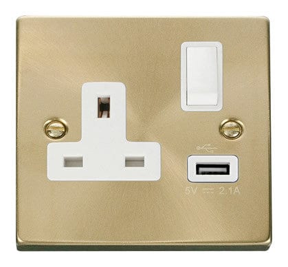 Satin Brass 1 Gang 13A DP 1 USB Switched Plug Socket - White Trim - SE Home