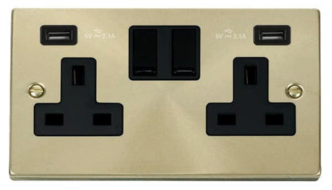 Satin Brass - Black Inserts Satin Brass 2 Gang 13A 2 USB Twin Double Switched Plug Socket - Black Trim