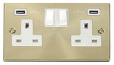 Satin Brass 2 Gang 13A 2 USB Twin Double Switched Plug Socket - White Trim - SE Home