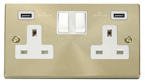 Satin Brass - White Inserts Satin Brass 2 Gang 13A 2 USB Twin Double Switched Plug Socket - White Trim