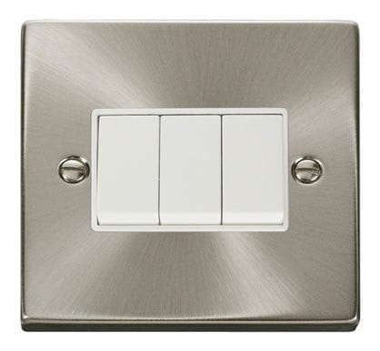 Satin Chrome 10A 3 Gang 2 Way Light Switch - White Trim - SE Home