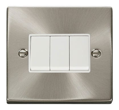 Satin Chrome - White Inserts Satin Chrome 10A 3 Gang 2 Way Light Switch - White Trim