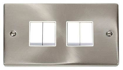 Satin Chrome - White Inserts Satin Chrome 10A 4 Gang 2 Way Light Switch - White Trim