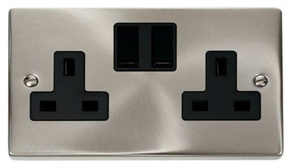 Satin Chrome - Black Inserts Satin Chrome 2 Gang 13A Twin Double Switched Plug Socket - Black Trim