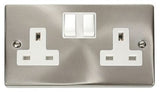 Satin Chrome 2 Gang 13A Twin Double Switched Plug Socket - White Trim - SE Home