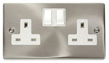 Satin Chrome - White Inserts Satin Chrome 2 Gang 13A Twin Double Switched Plug Socket - White Trim