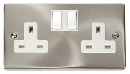Satin Chrome 2 Gang 13A Twin Double Switched Plug Socket - White Trim - SE Home