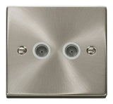 Satin Chrome - White Inserts Satin Chrome 2 Gang Twin Coaxial TV Socket - White Trim