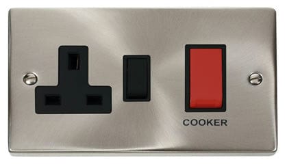 Satin Chrome - Black Inserts Satin Chrome Cooker Control 45A With 13A Switched Plug Socket - Black Trim