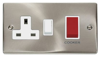 Satin Chrome Cooker Control 45A With 13A Switched Plug Socket - White Trim - SE Home