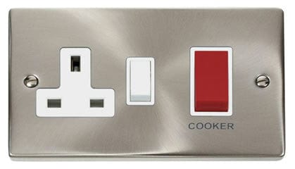 Satin Chrome - White Inserts Satin Chrome Cooker Control 45A With 13A Switched Plug Socket - White Trim