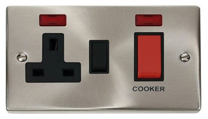 Satin Chrome - Black Inserts Satin Chrome Cooker Control 45A With 13A Switched Plug Socket & 2 Neons - Black Trim