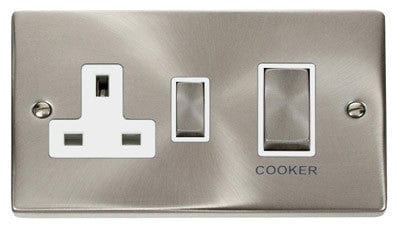 Satin Chrome - White Inserts Satin Chrome Cooker Control Ingot 45A With 13A Switched Plug Socket - White Trim